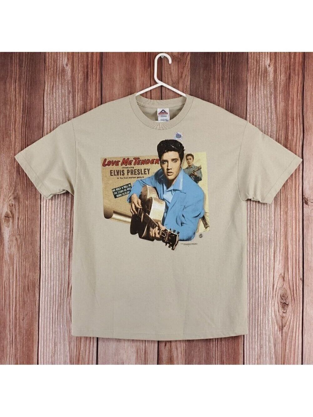 Vintage 1998 AAA Mens Sz XL Elvis Presley Love Me Tender Tan T-Shirt Tee Cotton